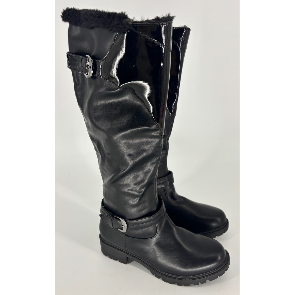 Aquatherm Jewel Knee High Boots Black Women Size 6 Faux Fur Buckle Lug Sole Snow